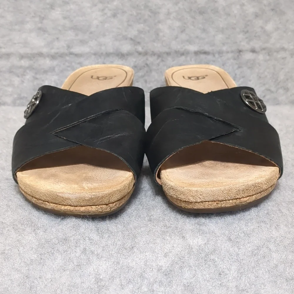 UGG Lyra Cross Cork Wedge Black Leather Sandals Size 8 - Picture 4 of 11